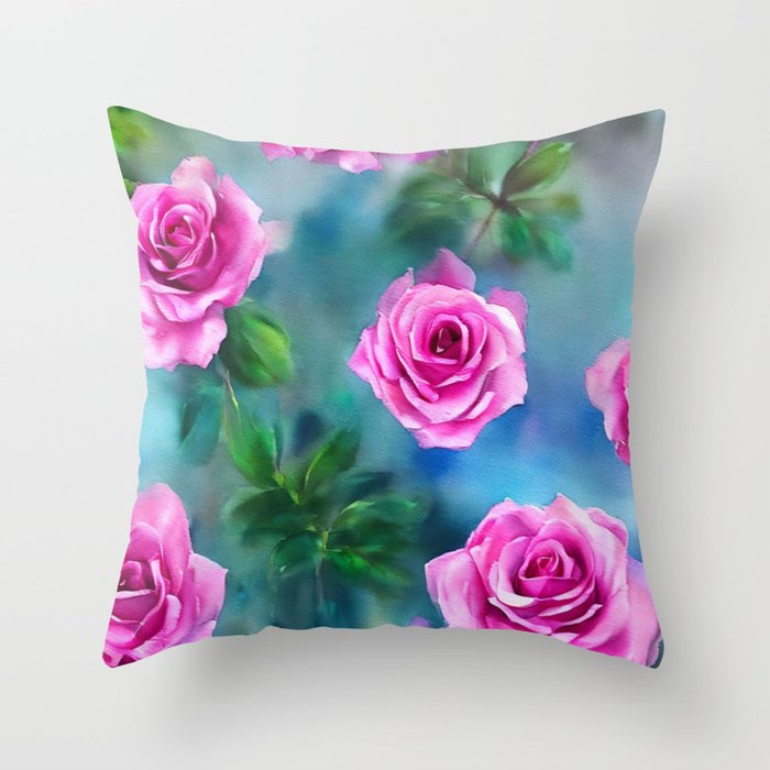 Trendy Beautiful Watercolor Pink Roses Art Collection Throw Pillow