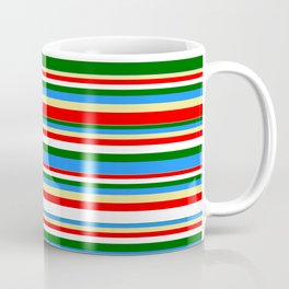[ Thumbnail: Colorful Blue, Tan, Red, White, and Dark Green Colored Striped/Lined Pattern Coffee Mug ]