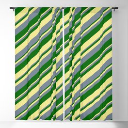 [ Thumbnail: Slate Gray, Dark Green & Tan Colored Lines/Stripes Pattern Blackout Curtain ]