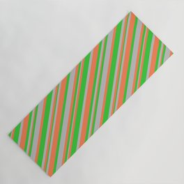 [ Thumbnail: Coral, Lime Green, and Grey Colored Striped Pattern Yoga Mat ]