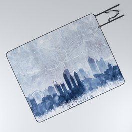 Atlanta Skyline & Map Watercolor Navy Blue, Print by Zouzounio Art Picnic Blanket