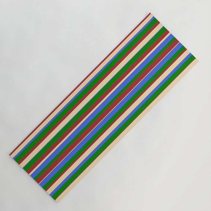 Tan, Royal Blue, Green, and Brown Colored Stripes/Lines Pattern Yoga Mat