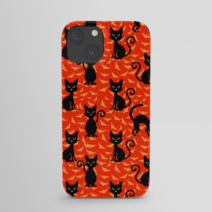 Spooky Black Cat Halloween Orange Bats iPhone Case
