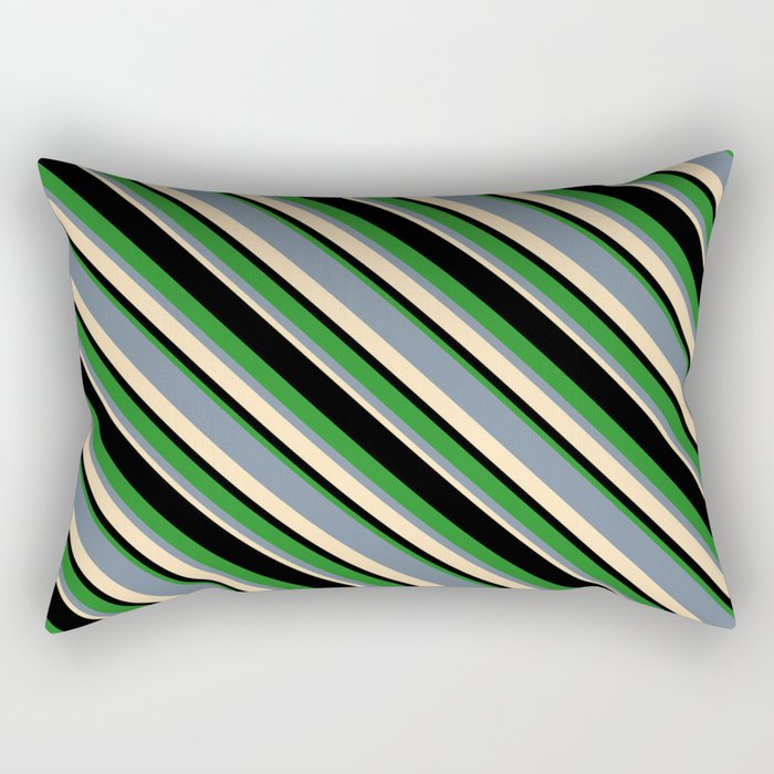 Light Slate Gray, Beige, Black, and Forest Green Colored Lined Pattern Rectangular Pillow