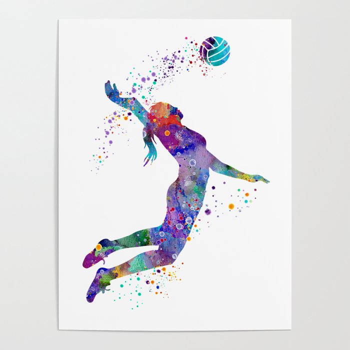 Volleyball Girl Colorful Blue Purple Watercolor Artwork Poster by ...