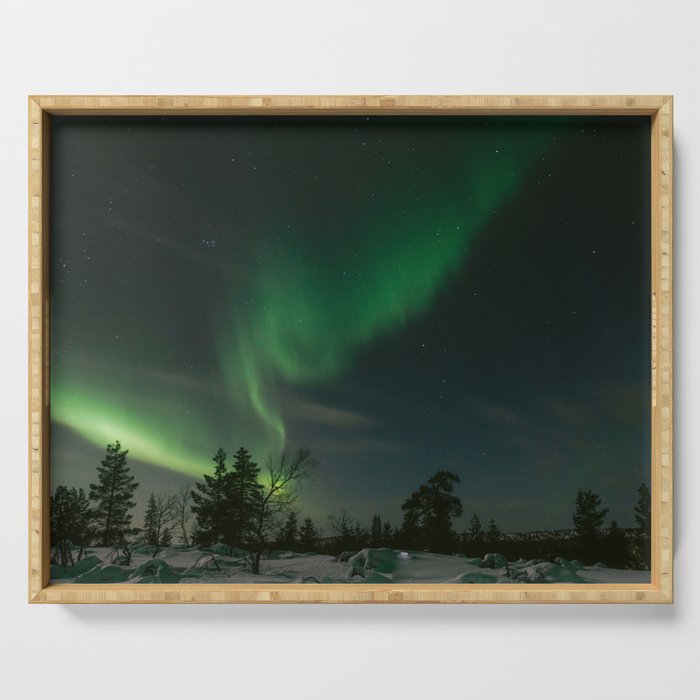 Northern Lights in Saariselkä | Winter Night in Lapland Art Print | Astro Landscape Travel Photography Serving Tray