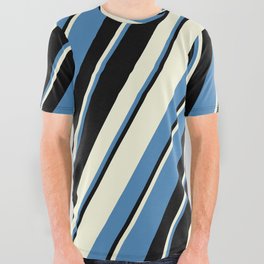 [ Thumbnail: Beige, Blue & Black Colored Pattern of Stripes All Over Graphic Tee ]