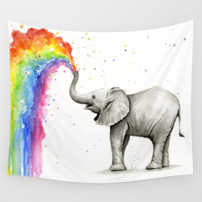 Baby Elephant Spraying Rainbow Wall Tapestry By Olechka