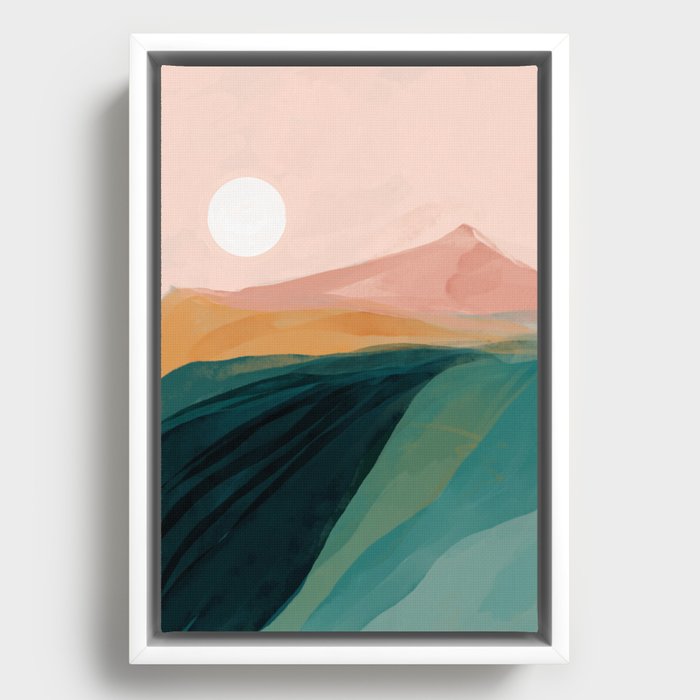 pink, green, gold moon watercolor mountains Framed Canvas