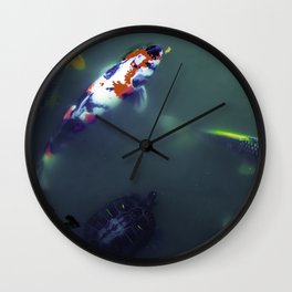 Turtle & Koi Wall Clock | Turtle, Photo, Underwater, Pond, Nature, Color, Green, Koi, Pacificnorthwest, Digital 