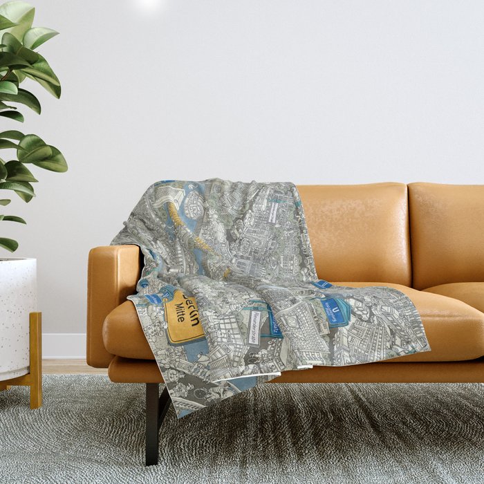 Illustrated map of Berlin-Mitte. Green Throw Blanket