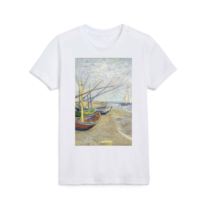 Fishing boats on the Beach at Les Saintes-Maries-de-la-Mer (oil painting)  Kids T Shirt by Vincent Van Gogh Art