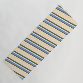 [ Thumbnail: Dark Olive Green, Bisque, and Cornflower Blue Colored Stripes Pattern Yoga Mat ]