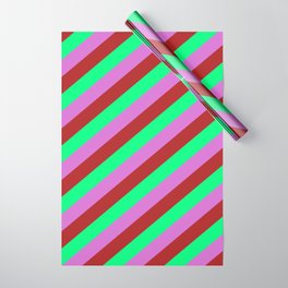[ Thumbnail: Green, Orchid & Red Colored Stripes Pattern Wrapping Paper ]