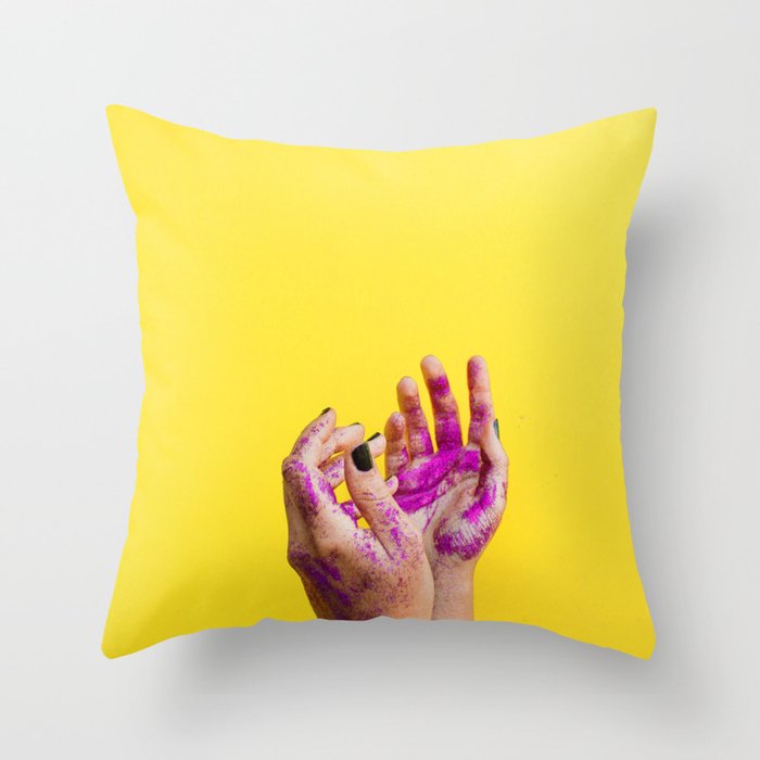 Yellow Paint Hands (Color) Throw Pillow