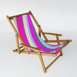 [ Thumbnail: Vibrant Light Sky Blue, Deep Pink, Fuchsia, Sea Green, and Bisque Colored Stripes/Lines Pattern Sling Chair ]