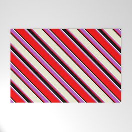 [ Thumbnail: Beige, Orchid, Red & Black Colored Striped/Lined Pattern Welcome Mat ]