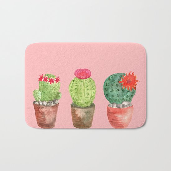 Three Cacti watercolor pink Bath Mat