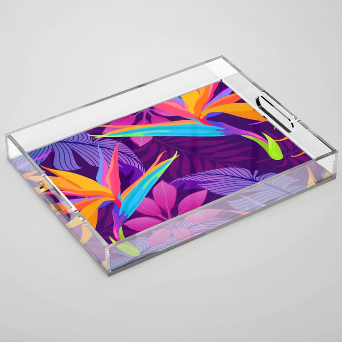 Tropical leaves and paradise flowers in night jungle. Seamless exotic detailed botanical pattern Acrylic Tray