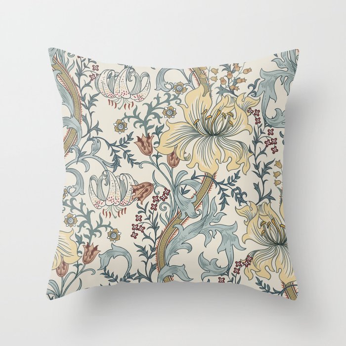 William Morris Enchanted Golden Lily Cream Blue Floral Throw Pillow