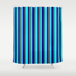 [ Thumbnail: Dim Grey, Cyan, and Dark Blue Colored Pattern of Stripes Shower Curtain ]