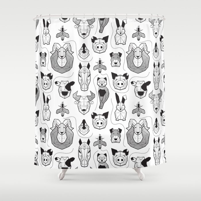 Friendly Geometric Farm Animals // white background black and white pigs queen bees lambs cows bulls dogs cats horses chickens and bunnies Shower Curtain