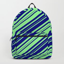 [ Thumbnail: Dark Blue and Green Colored Lines/Stripes Pattern Backpack ]