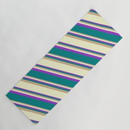 [ Thumbnail: Tan, Light Yellow, Dark Orchid, and Teal Colored Stripes Pattern Yoga Mat ]