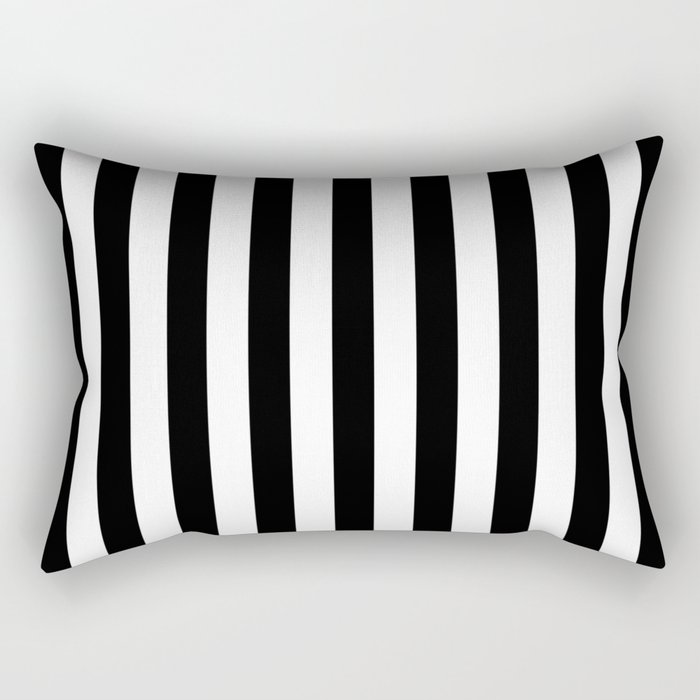 Midnight Black and White Vertical Beach Hut Stripes Rectangular Pillow