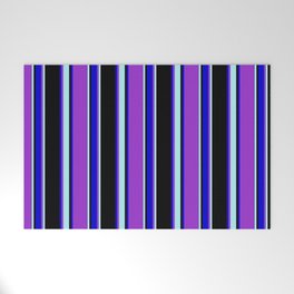 [ Thumbnail: Dark Orchid, Turquoise, Black, and Blue Colored Striped/Lined Pattern Welcome Mat ]