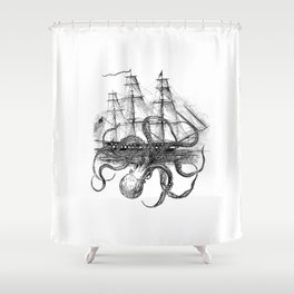 Octopus Attacks Ship on White Background Shower Curtain