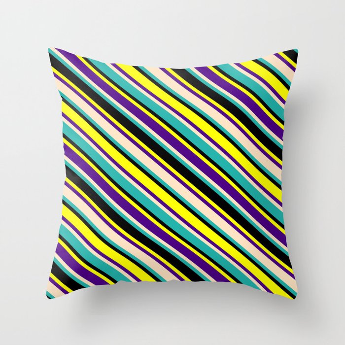Eyecatching Yellow, Indigo, Bisque, Light Sea Green, and Black Colored Lined Pattern Throw Pillow