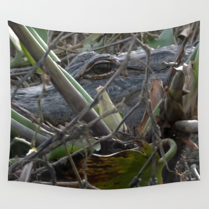 Alligator Concealed in Brush on Bank of Swamp Wall Tapestry