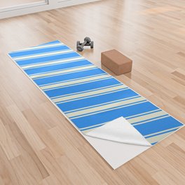 [ Thumbnail: Blue and Beige Colored Striped/Lined Pattern Yoga Towel ]