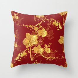 Gold & Maroon Floral Orchid Pattern Throw Pillow
