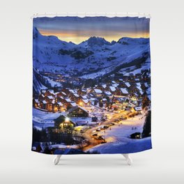 Evening landscape and ski resort in the French Alps Shower Curtain