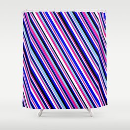 [ Thumbnail: Eyecatching Light Sky Blue, Deep Pink, White, Blue & Black Colored Lines Pattern Shower Curtain ]
