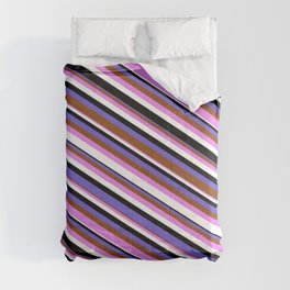 [ Thumbnail: Eye-catching Slate Blue, Brown, Violet, White & Black Colored Pattern of Stripes Comforter ]