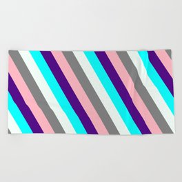 [ Thumbnail: Colorful Indigo, Cyan, Mint Cream, Grey, and Light Pink Colored Lined/Striped Pattern Beach Towel ]