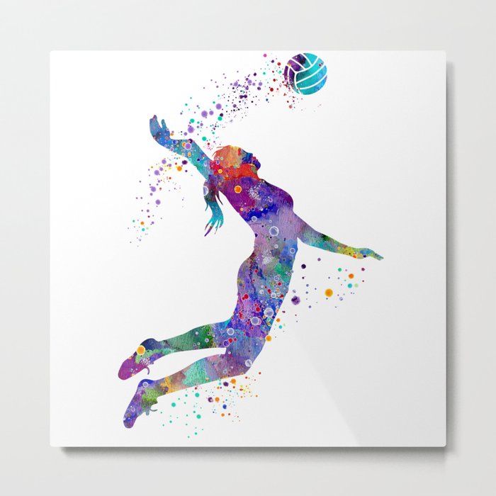 Volleyball Girl Colorful Blue Purple Watercolor Artwork Metal Print