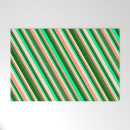 [ Thumbnail: Vibrant Green, Beige, Light Salmon, Dark Olive Green & Dark Green Colored Striped/Lined Pattern Welcome Mat ]