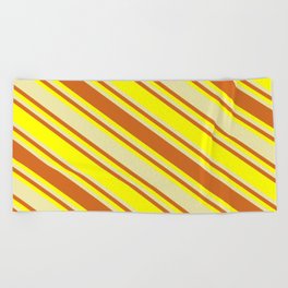 [ Thumbnail: Pale Goldenrod, Chocolate, and Yellow Colored Lined/Striped Pattern Beach Towel ]