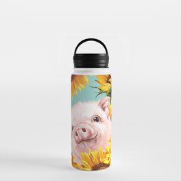 Baby Pig with Sunflowers in Blue Water Bottle