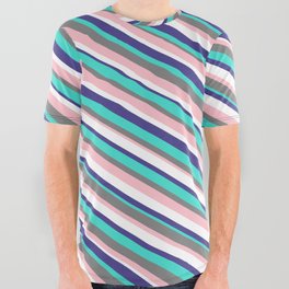 [ Thumbnail: Vibrant Gray, Pink, White, Dark Slate Blue & Turquoise Colored Striped Pattern All Over Graphic Tee ]