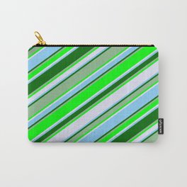 [ Thumbnail: Eye-catching Dark Sea Green, Lime, Lavender, Light Sky Blue, and Dark Green Colored Stripes Pattern Carry-All Pouch ]