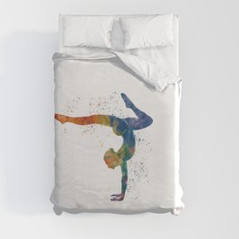 Woman practices yoga in watercolor Duvet Cover