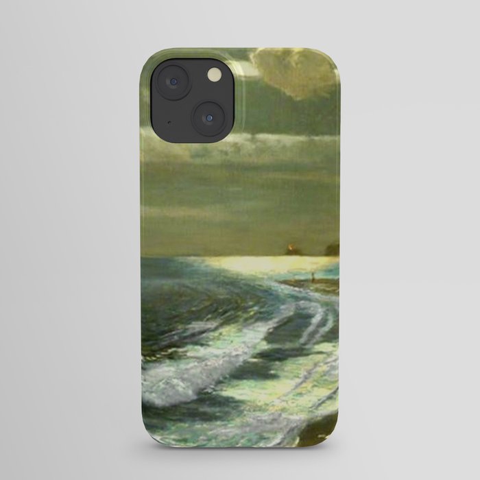 Moonlit Breaking Waves Along Dunes and Seashore with Lighthouse landscape painting by Julius Olsson iPhone Case