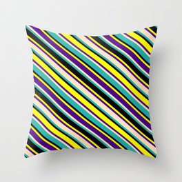 [ Thumbnail: Eyecatching Yellow, Indigo, Bisque, Light Sea Green, and Black Colored Lined Pattern Throw Pillow ]