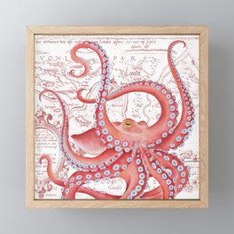 Red Octopus ancient Map White Framed Mini Art Print