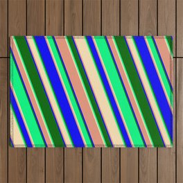 [ Thumbnail: Green, Beige, Dark Salmon, Blue & Dark Green Colored Striped/Lined Pattern Outdoor Rug ]